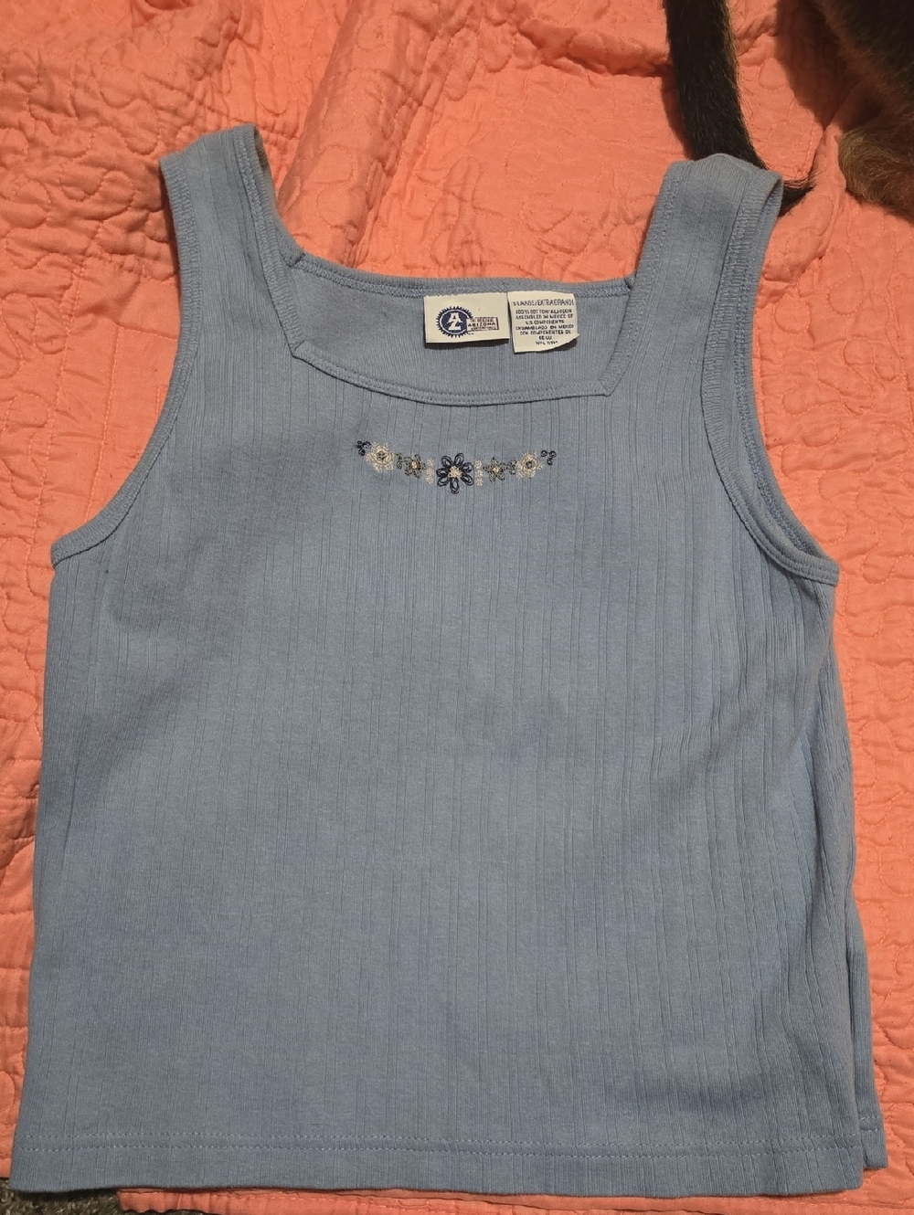 Vintage, Arizona Jean Company Light Blue Ribbed Tank Top with Embroidered Detail